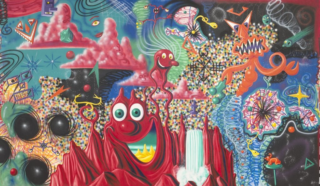 An image of Kenny Scharf's colorful painting featuring numerous landscapes and charachters all coordinated within one frenetic canvas.