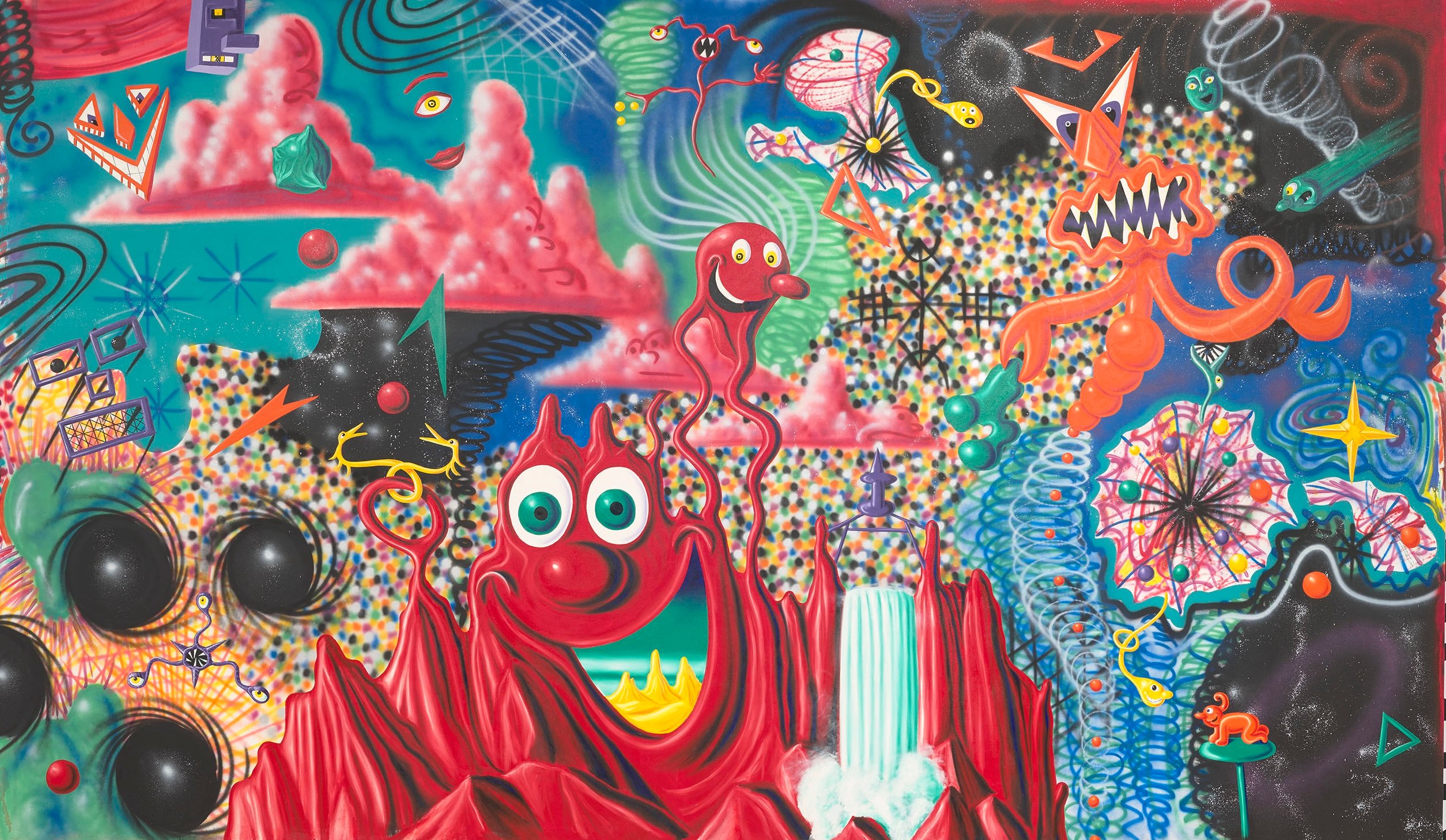 An image of Kenny Scharf's colorful painting featuring numerous landscapes and charachters all coordinated within one frenetic canvas.