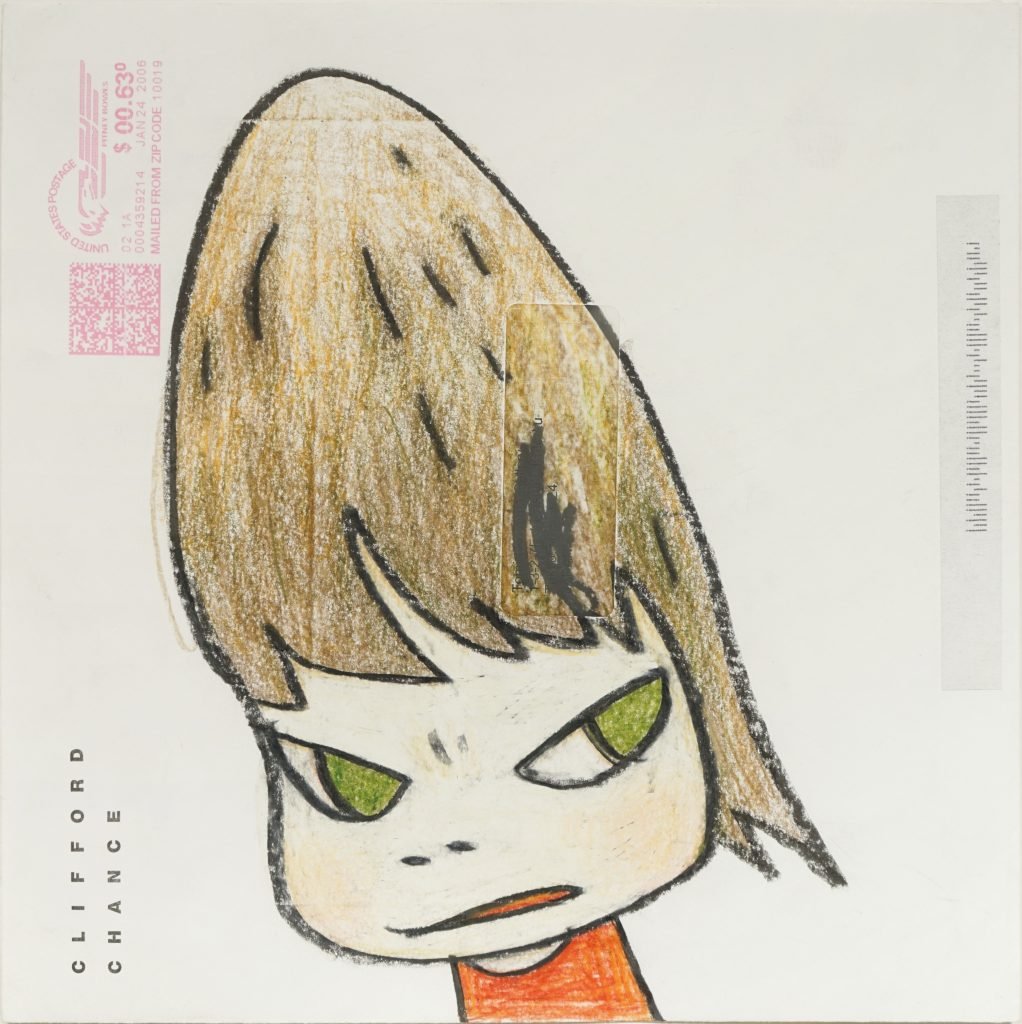 Artnet Auctions Post-War and Contemporary Art sale lot by Yoshitomo Nara of a stylized cartoon figures head with green eyes looking back over their shoulder with annoyed gaze and a red QR mailing code and postage at the top left and return address showing printed Clifford Chance.