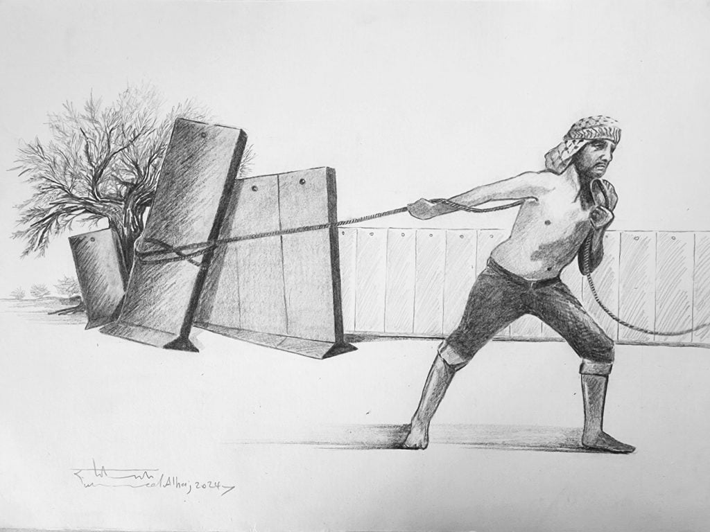 A drawing of a man wearing a kuffiyeh seemingly pulling down part of a wall.