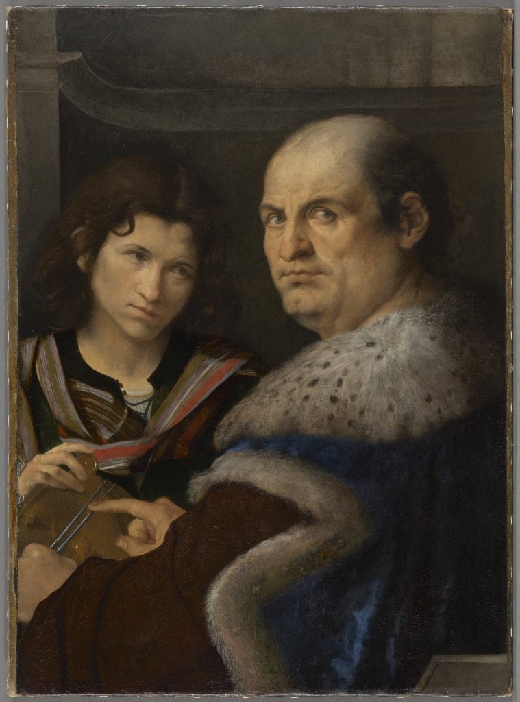 painting of a man looking over shoulder with young boy behind