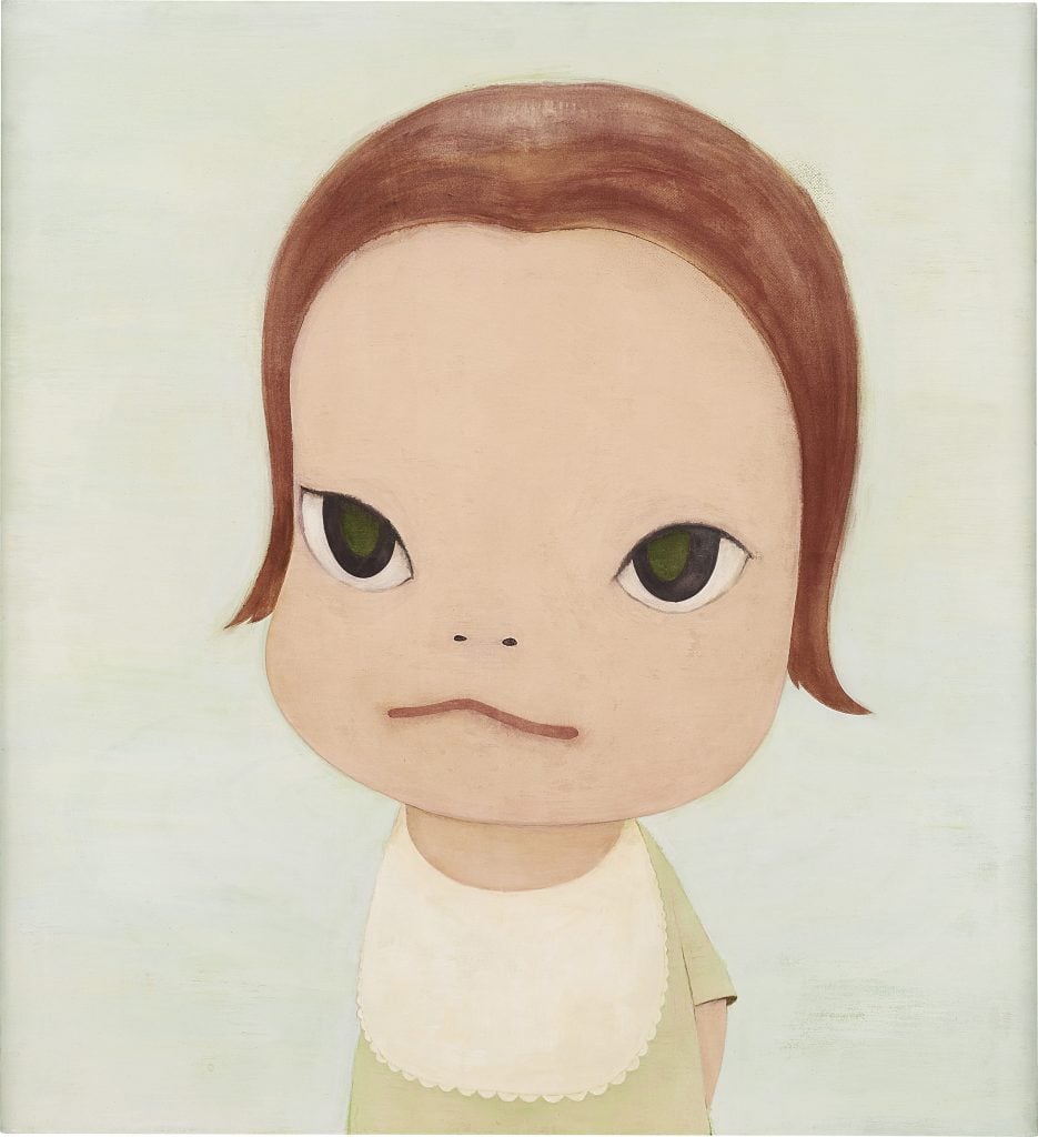 A whimsical painting of a child with large, expressive green eyes, reddish-brown hair, and a neutral expression, set against a soft pastel background.