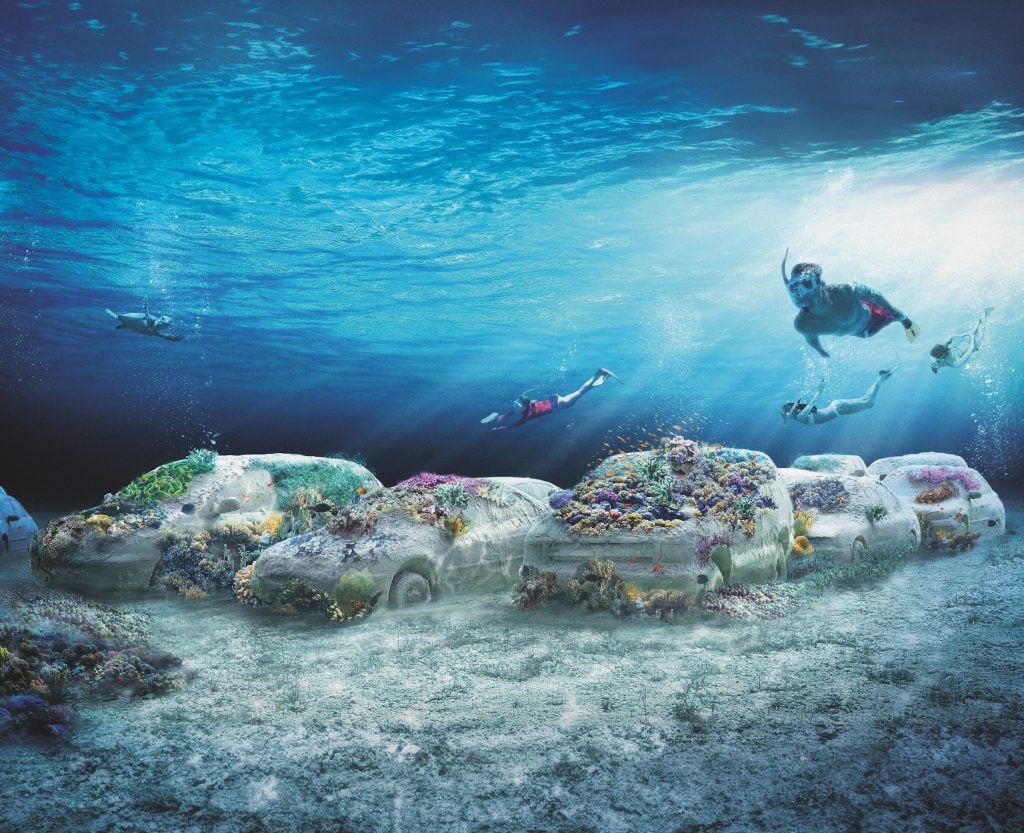 Leandro Erlich, Concrete Coral. A rendering of an underwater artificial reef made from sculptures of life-size concrete cars in an underwater traffic jam.