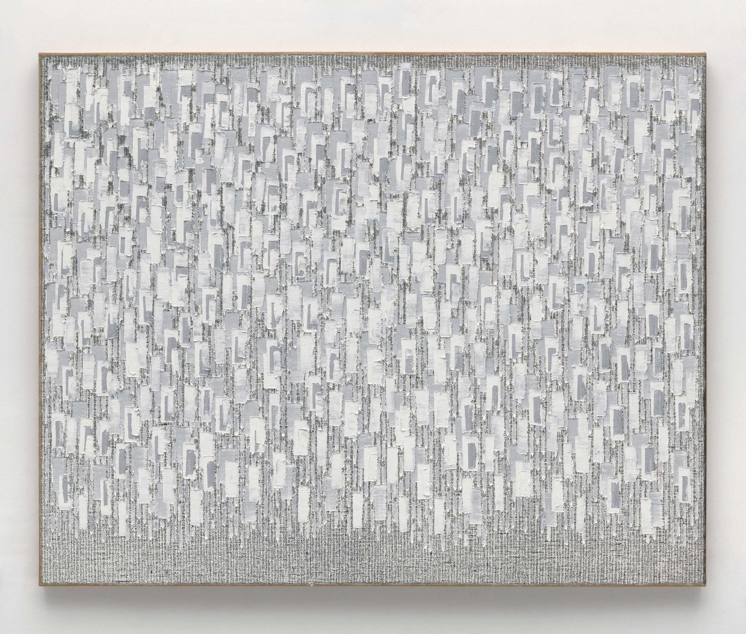 A painting with many intricate white marks