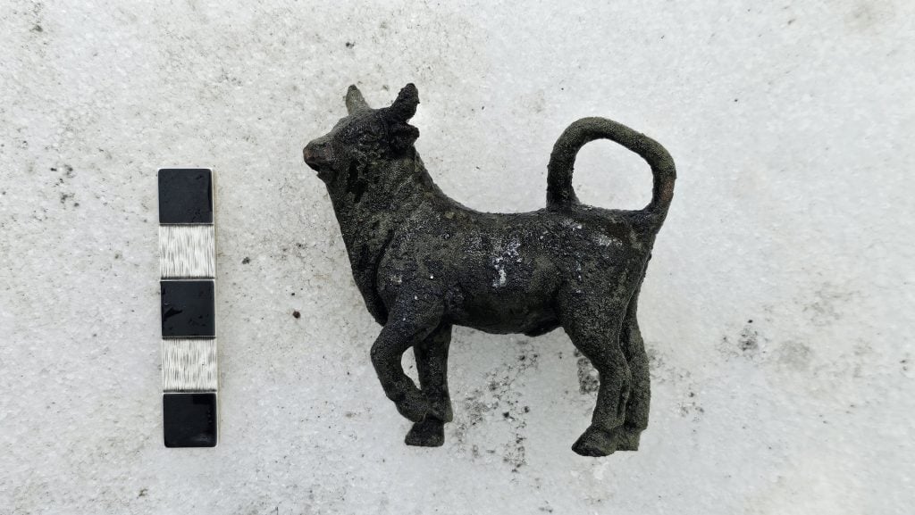 overhead shot of a bull made of metal on a white background