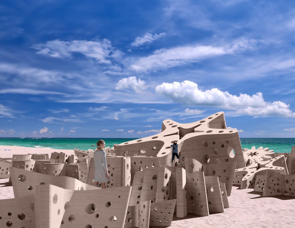 Carlos Betancourt and Alberto Latorre, <em>Miami Reef Star</em> (2024), rendering. Concrete star sculptures arrayed on the beach in front of a bright blue sky and teal ocean. 