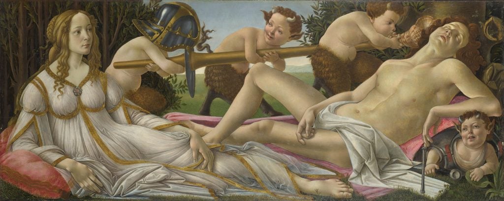 one of botticelli's most famous works Sandro Botticelli, <em>Venus and Mars</em> (c. 1485). Courtesy of the National Gallery, London.