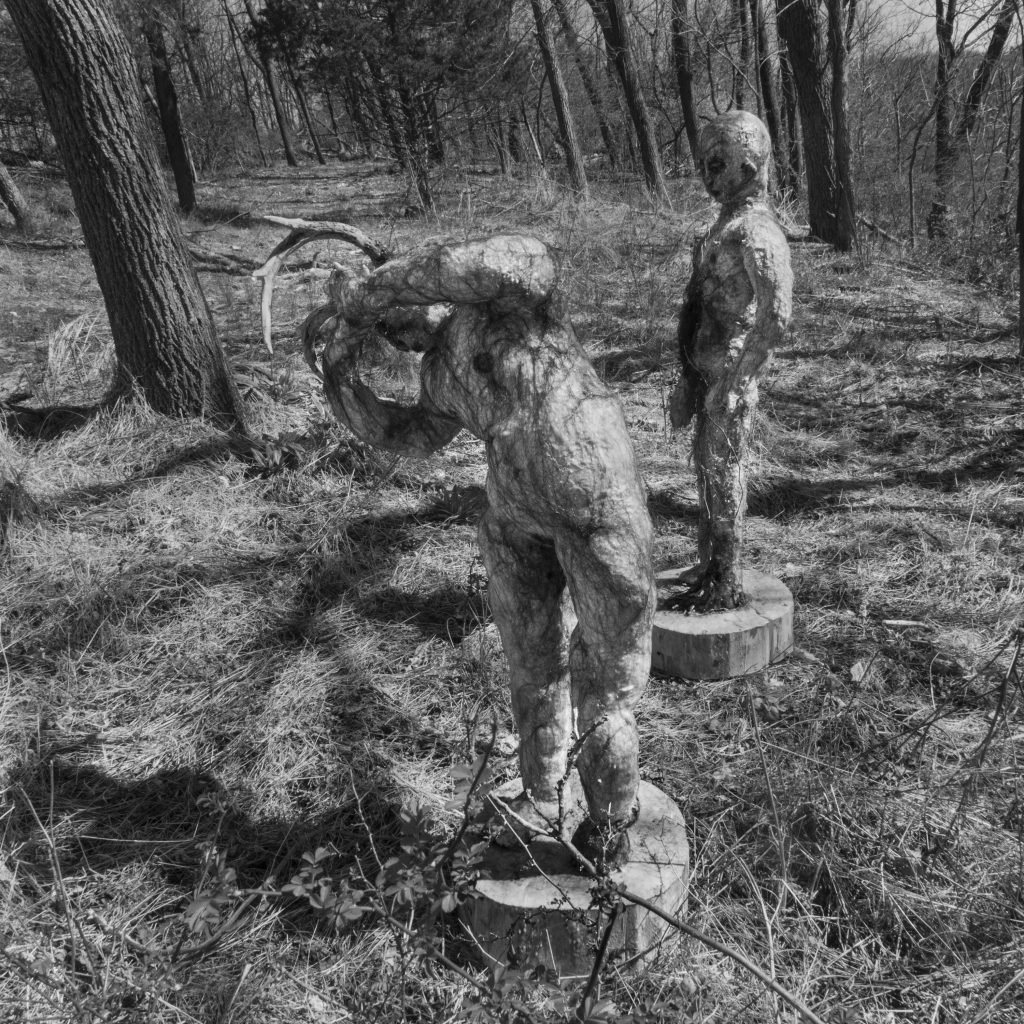 A black-and-white photograph of two weathered, human-like sculptures standing on circular wooden bases in a wooded landscape. The sculpture in the foreground has a hunched posture with arms raised to its head, while the one in the background stands more upright. The figures appear textured and organic, blending into the natural surroundings of dry grass and bare trees.