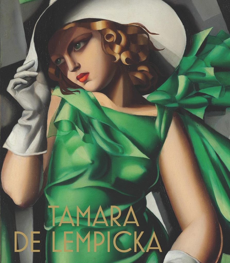 Photo of a painting of a woman in white hat and gloves, green sleeveless dress.