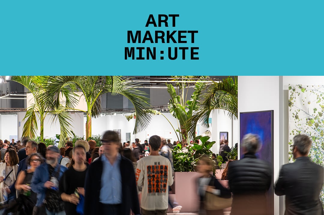 A bustling art fair with people walking past exhibits and lush green plants, showcasing contemporary artworks in a vibrant, dynamic atmosphere. a banner above reads art market minute