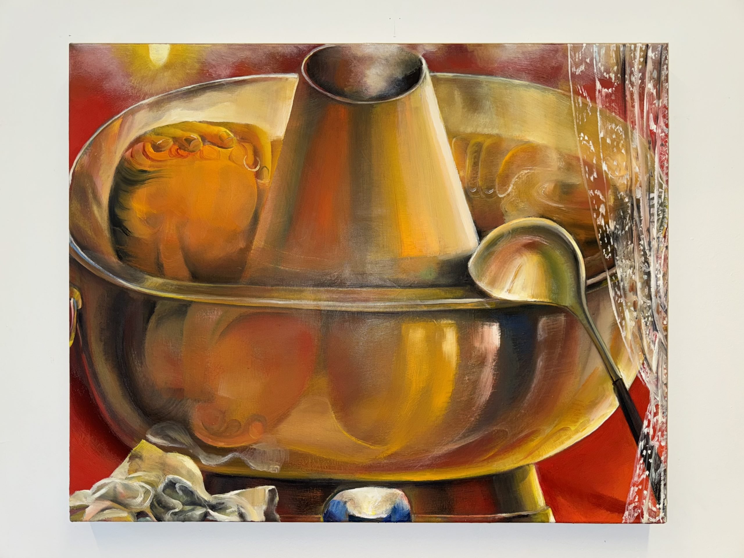 A painting of a hotpot, in which a human appeared to be in the pot in gold colour.