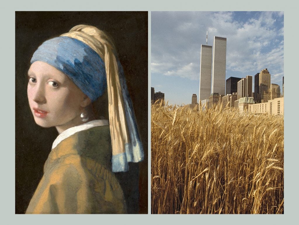 Left image is: Johannes Vermeer, Girl with a Pearl Earring. Right image is: Agnes Denes, Wheatfield – A Confrontation: Battery Park Landfill, Downtown Manhattan – With the Statue of Liberty Across the Field.