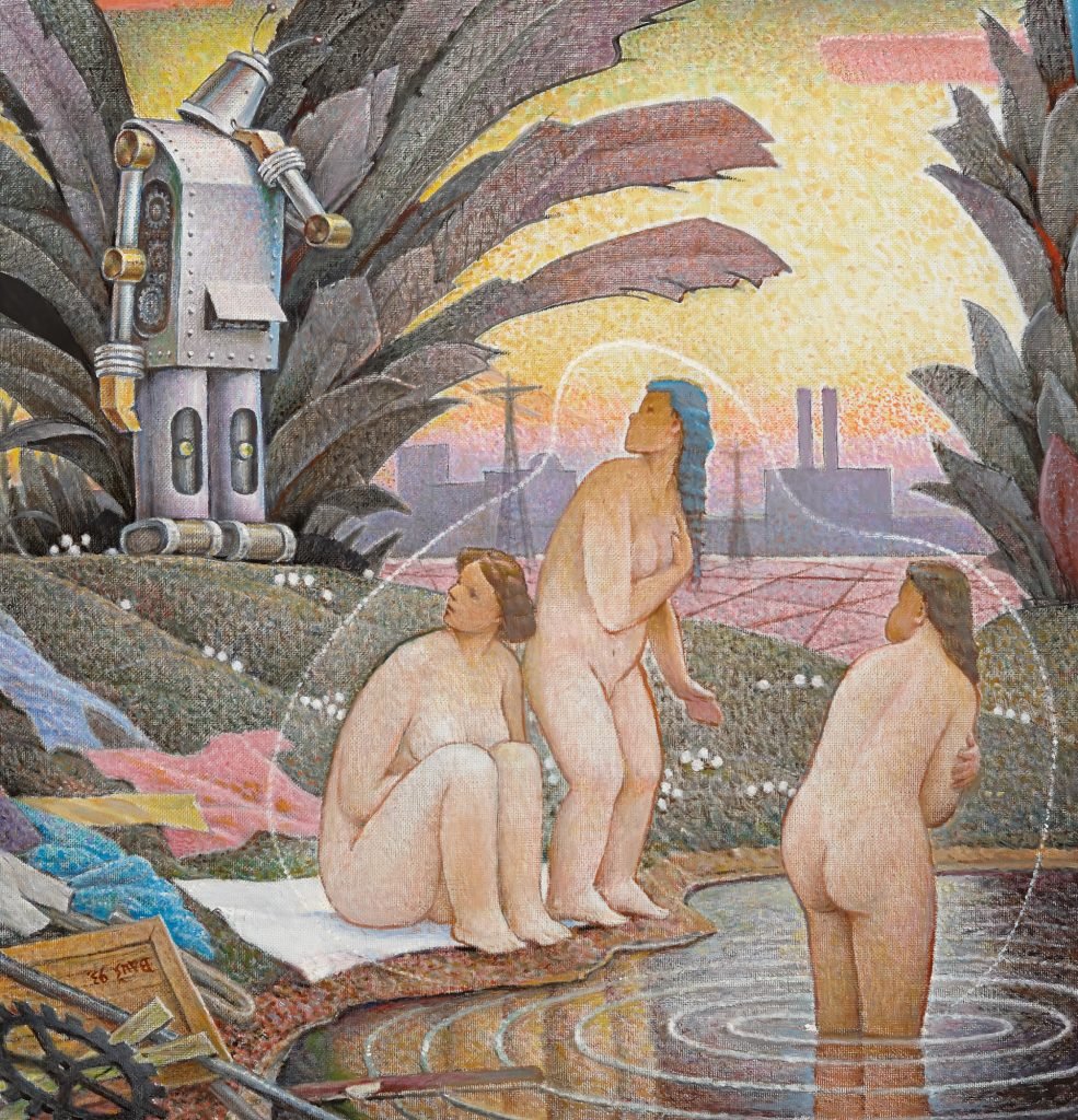 A Pointilist-looking Auseklis Bauskenieks painting of three large, buxom women bathing naked in a pond, with a large robot emerging from the bushes to watch them. 