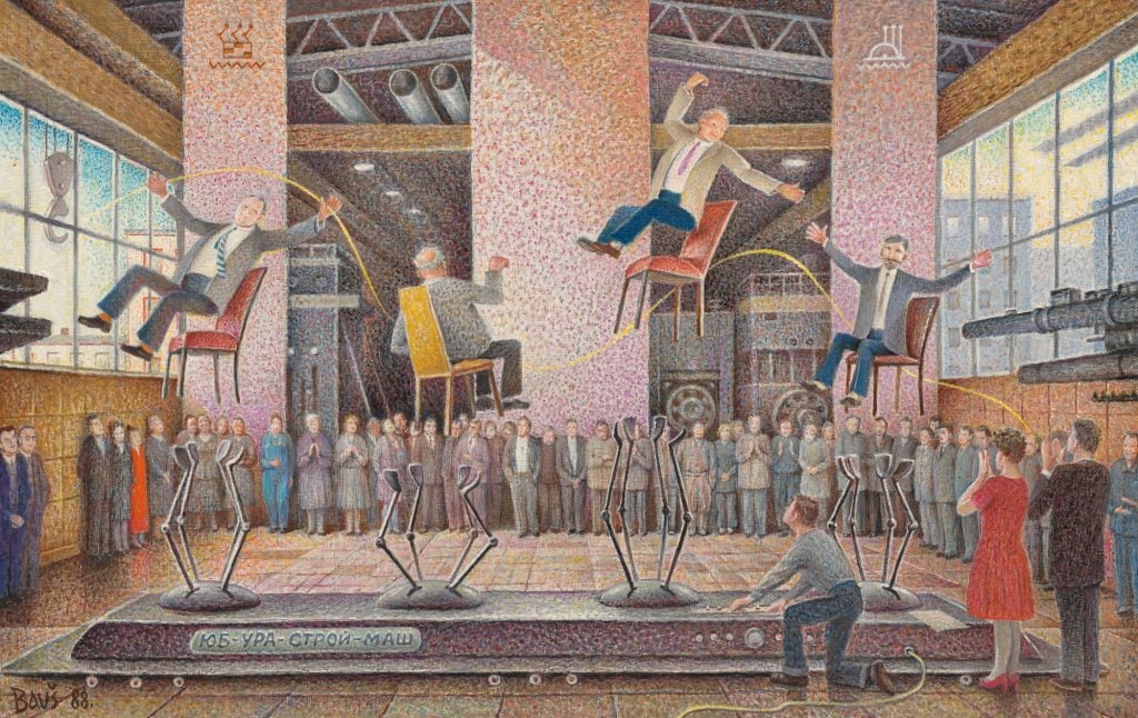 A painting of robots throwing three men up in the air on chairs while factory workers watch.