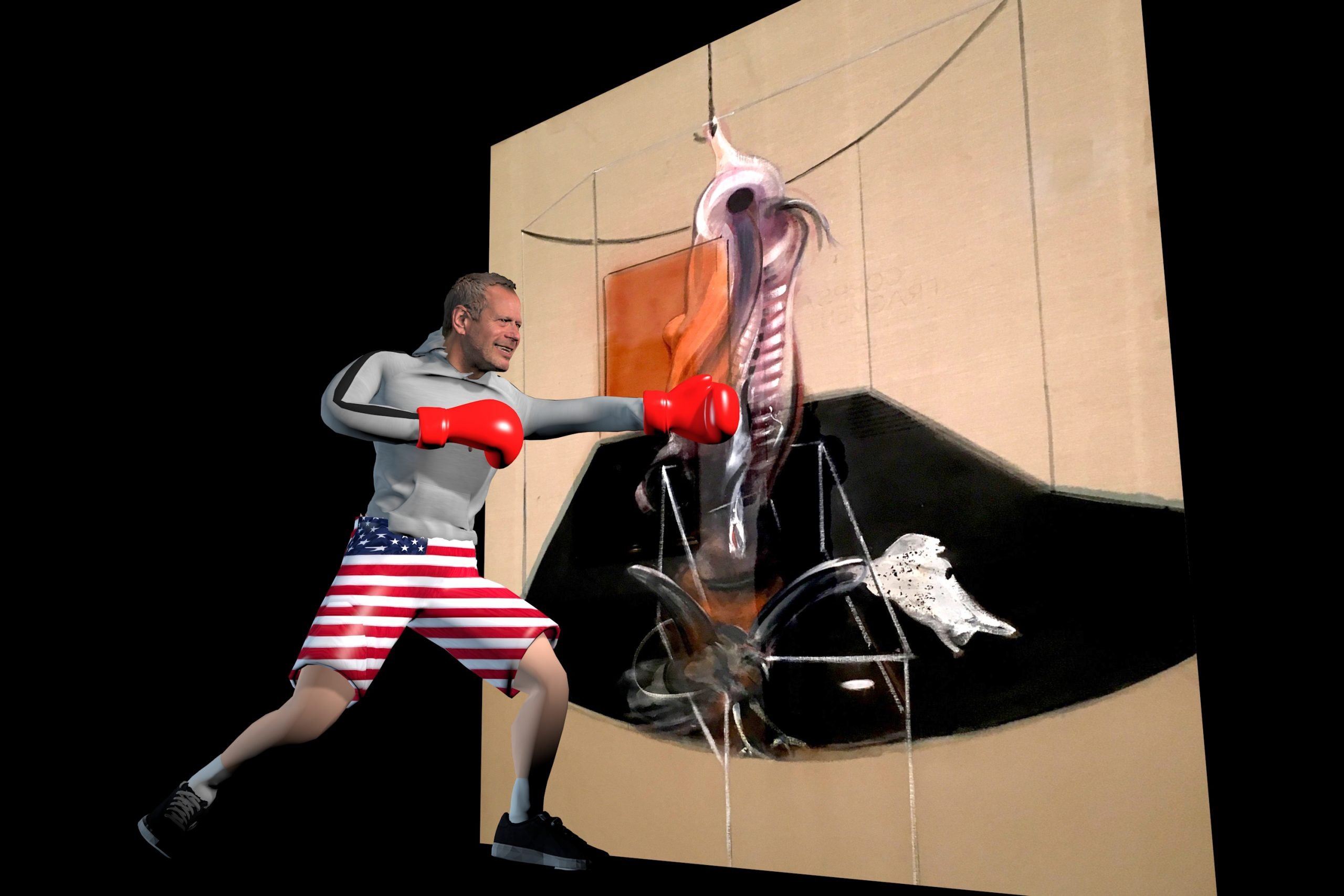 A man in American-flag shorts punches a semi-abstract painting