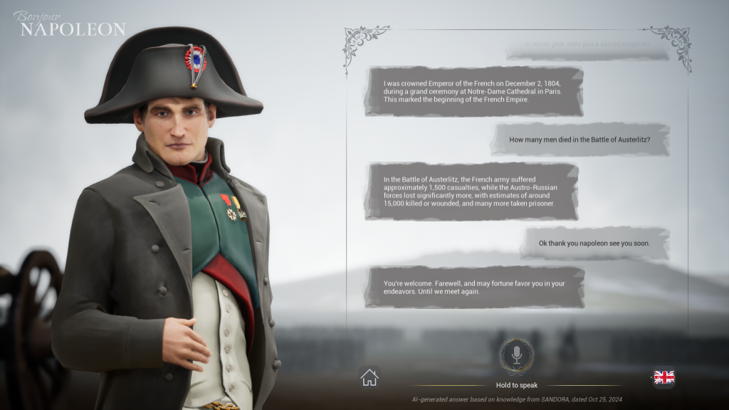 a screen from the VR experience in which users can chat with Napoleon