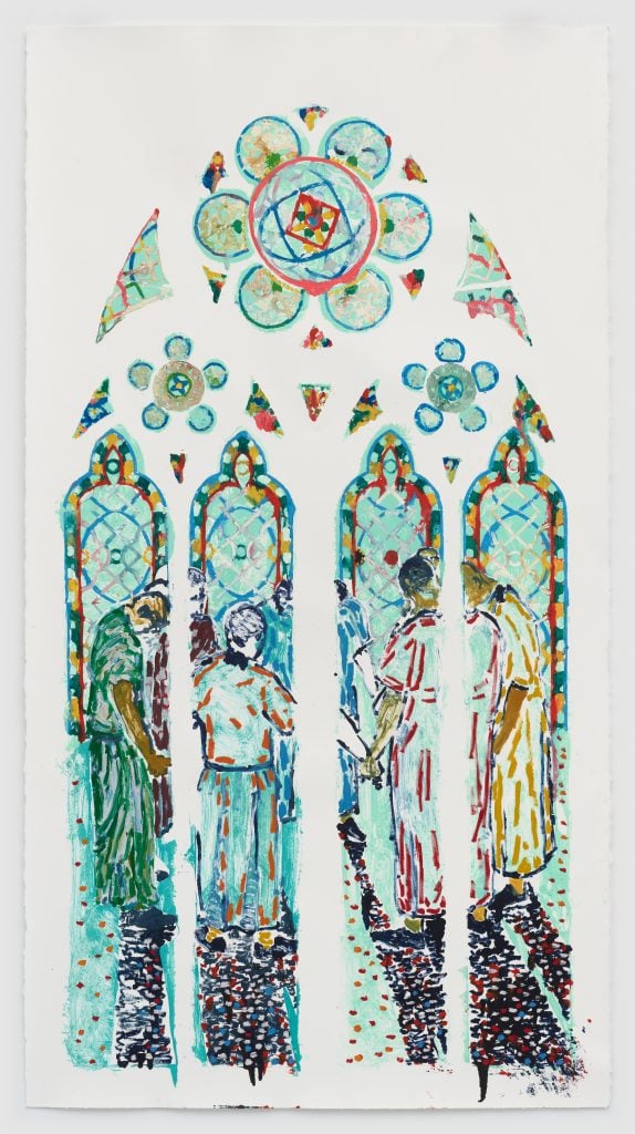 Claire Tabouret, sketch for her stained glass window design featuring Saint Joseph for Notre Dame Cathedral in Paris.