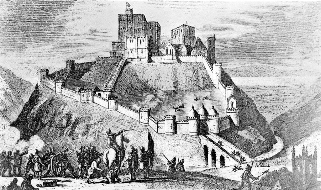 an etching showing soldiers gathered below a castle