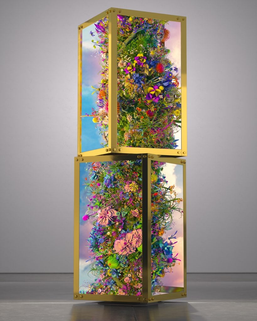 a sculpture work with digital flowers inside 