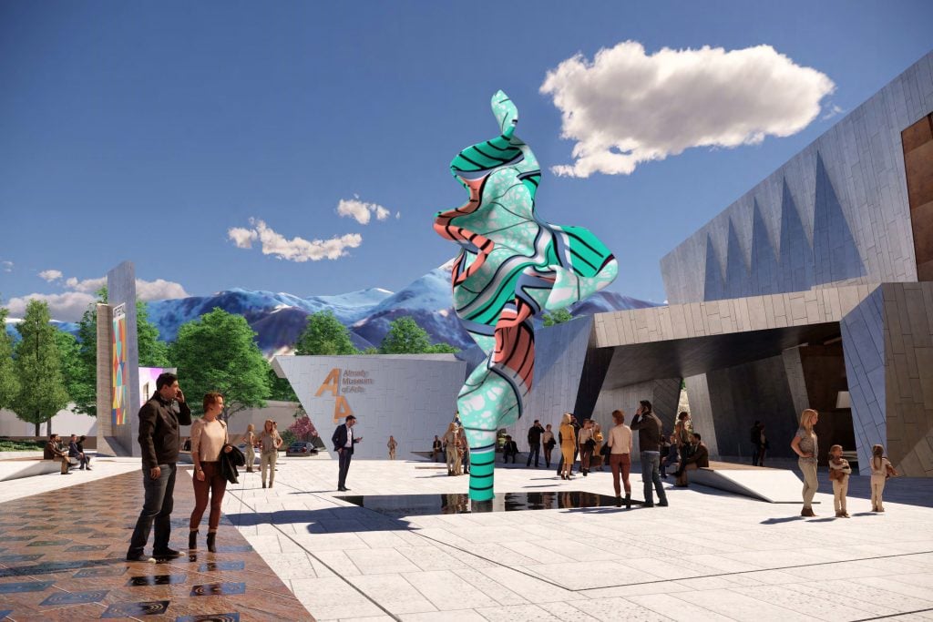 Architectural rendering of the Almaty Museum of Arts, featuring angular modern design, a colorful sculpture, fountains, and mountainous scenery under a clear blue sky.