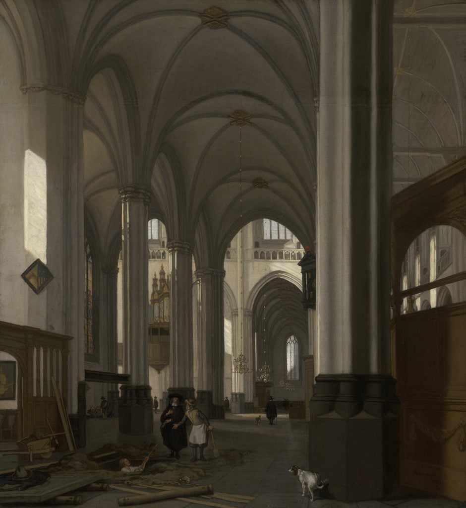 An interior view of a grand Gothic church with high vaulted ceilings, showing figures engaged in various activities, including workers and a couple in conversation, with light streaming in through stained glass windows.