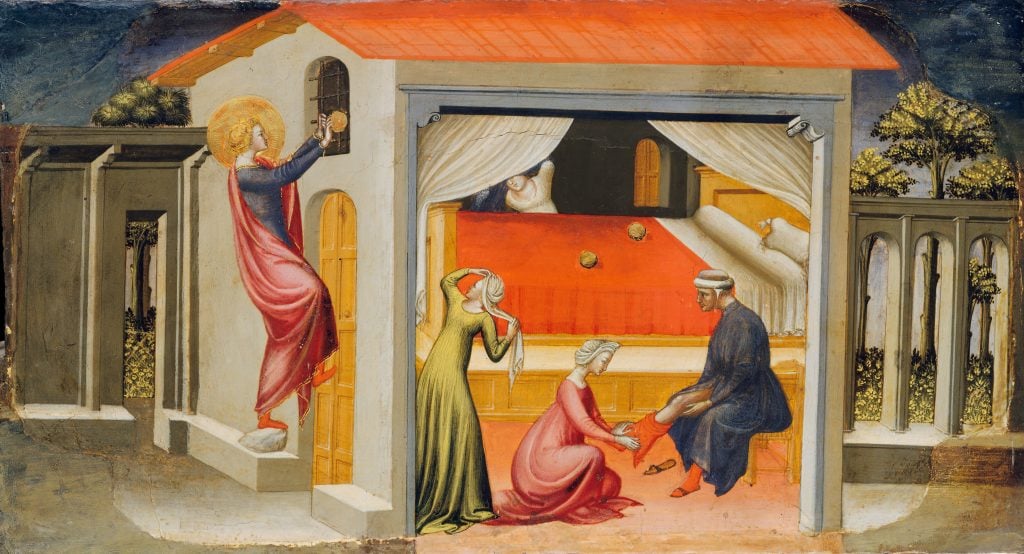 A medieval painting depicting St. Nicholas secretly giving gold to a family in need, set within a domestic scene with vibrant colors.