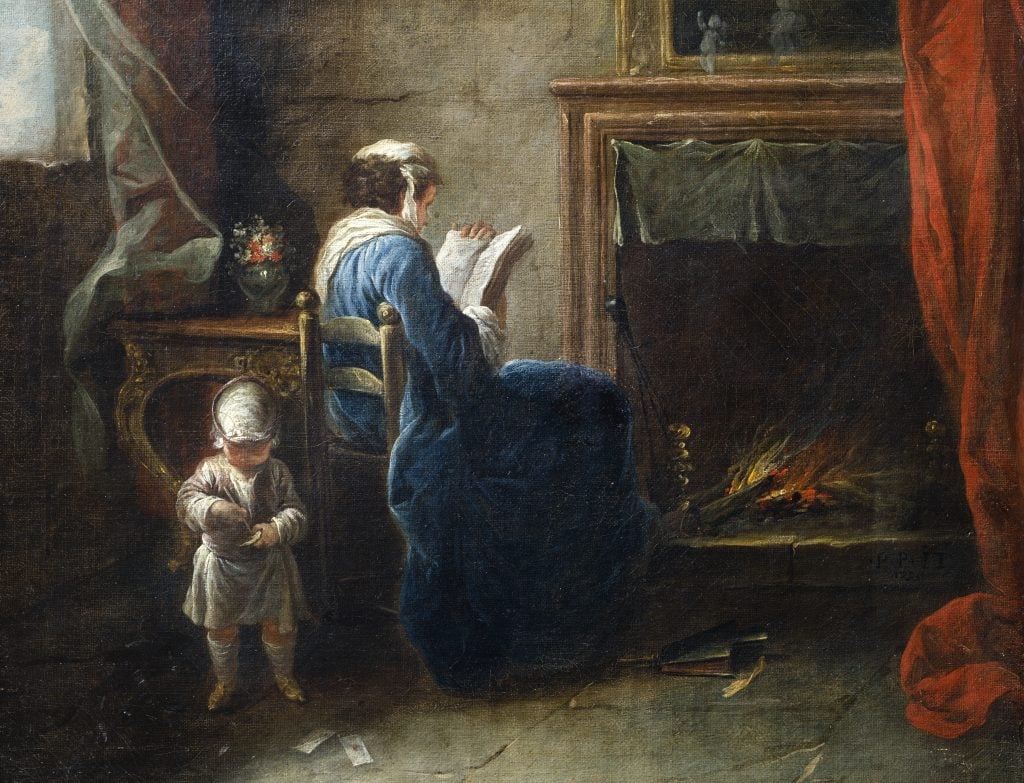 a painting of a woman sitting in a chair reading by a fire