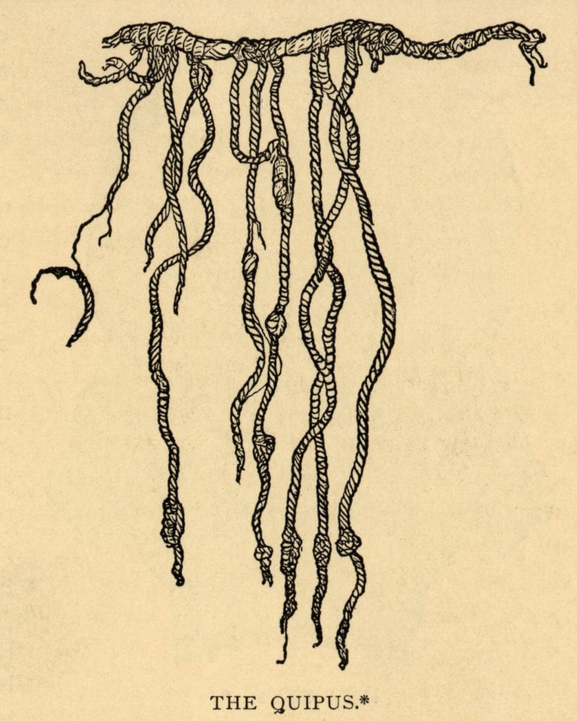 drawing of a horizontal string with several other strings of varying length attached and stretched downward with a little inscription at the bottom standing out from the faded yellow background