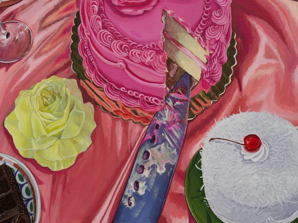 a painting of a tablescape from overhead with a pink table cloth, a yellow rose, and a pink frosted cake with a knife, and a coconut cake with a cherry