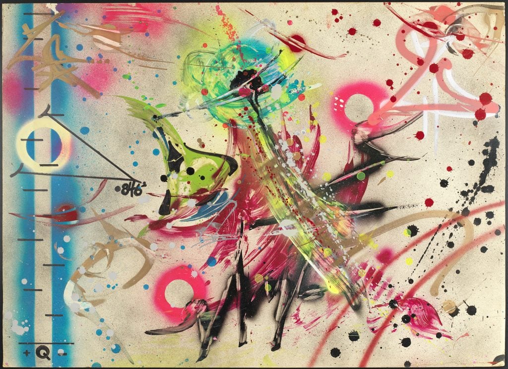 A dynamic abstract painting by Rammellzee with bursts of spray-painted neon pinks and yellows, with random splatters.