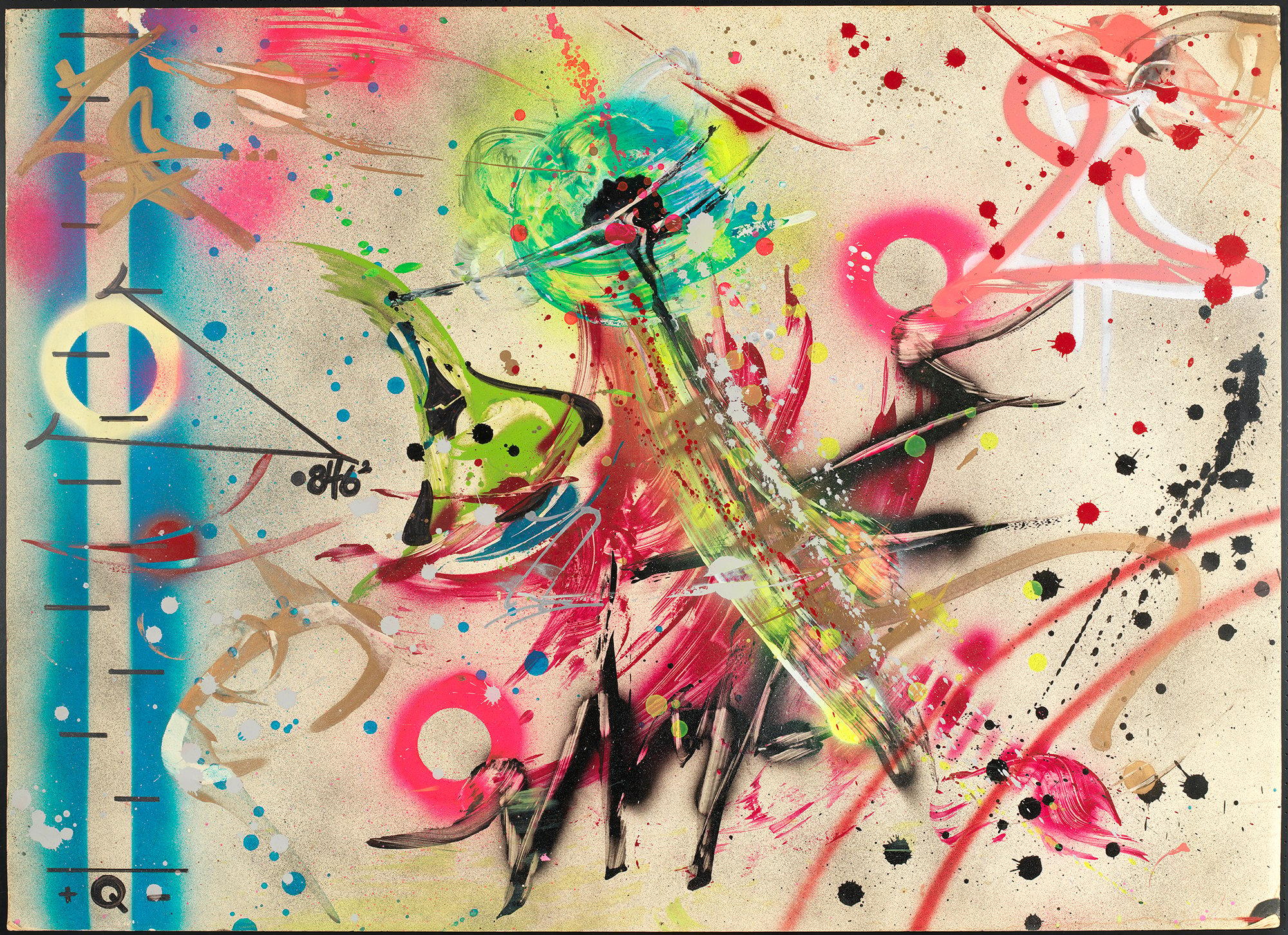 A dynamic abstract painting by Rammellzee with bursts of spray-painted neon pinks and yellows, with random splatters.