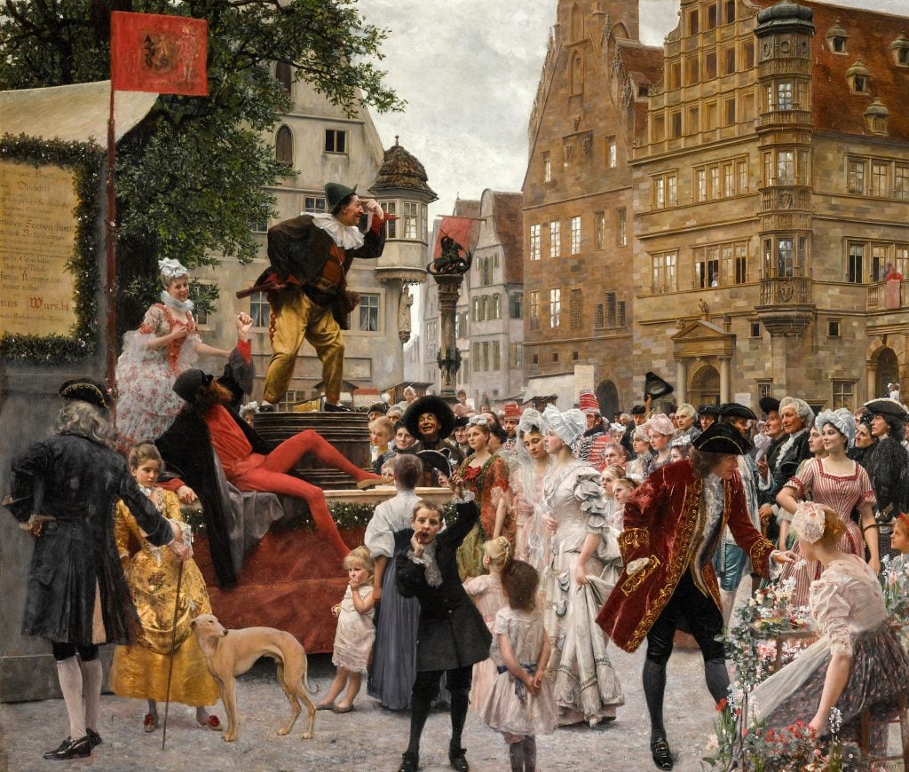 A busy painting showing a market scene with a raised entertainer speaking to a crowd, by Ernst and Gustav Klimt.