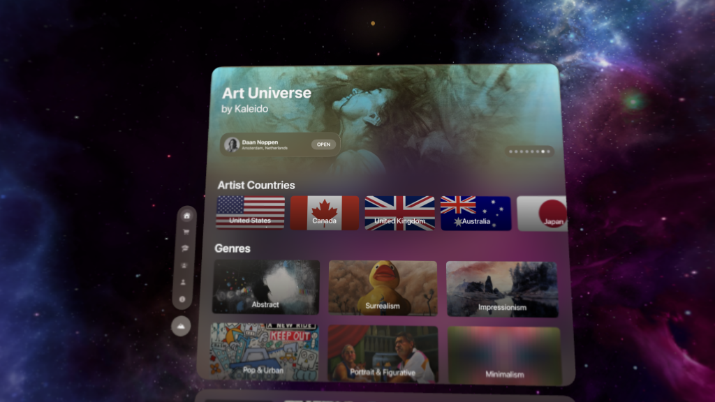 A screenshot taken using an Apple Vision Pro headset shows the main page of Kaleido's Art Universe app after opening it on the device.