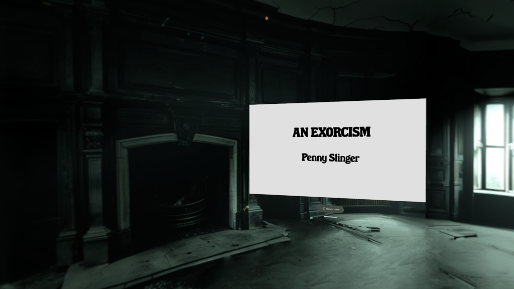 A screenshot taken using an Apple Vision Pro headset shows the immersive environment designed by Penny Slinger for the release of her video "An Exorcism" inside Kaleido's Art Universe app. The scene is set an an old mansion in the U.K.