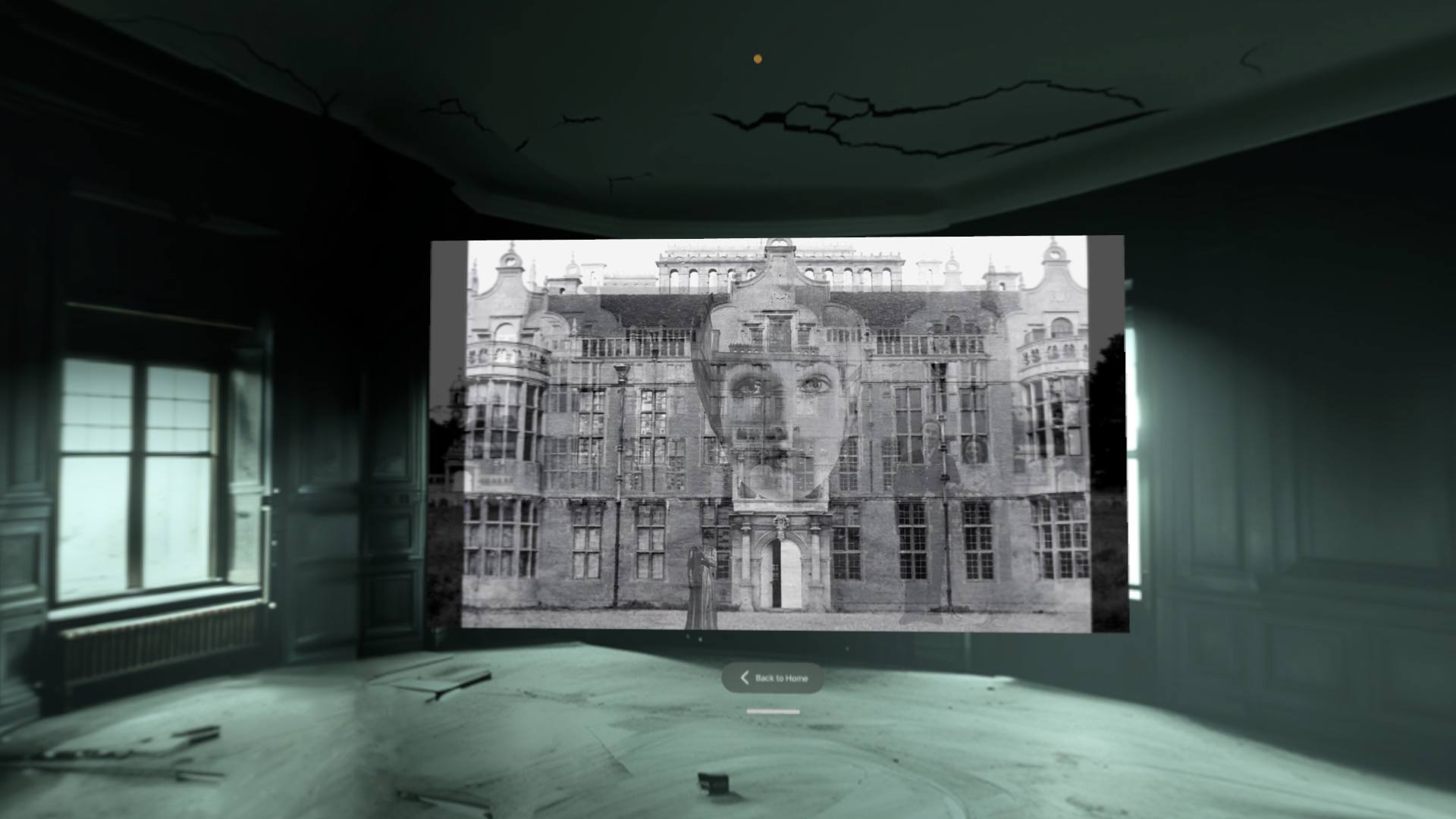 A screenshot taken using an Apple Vision Pro headset shows the immersive environment designed by Penny Slinger for the release of her video "An Exorcism" inside Kaleido's Art Universe app