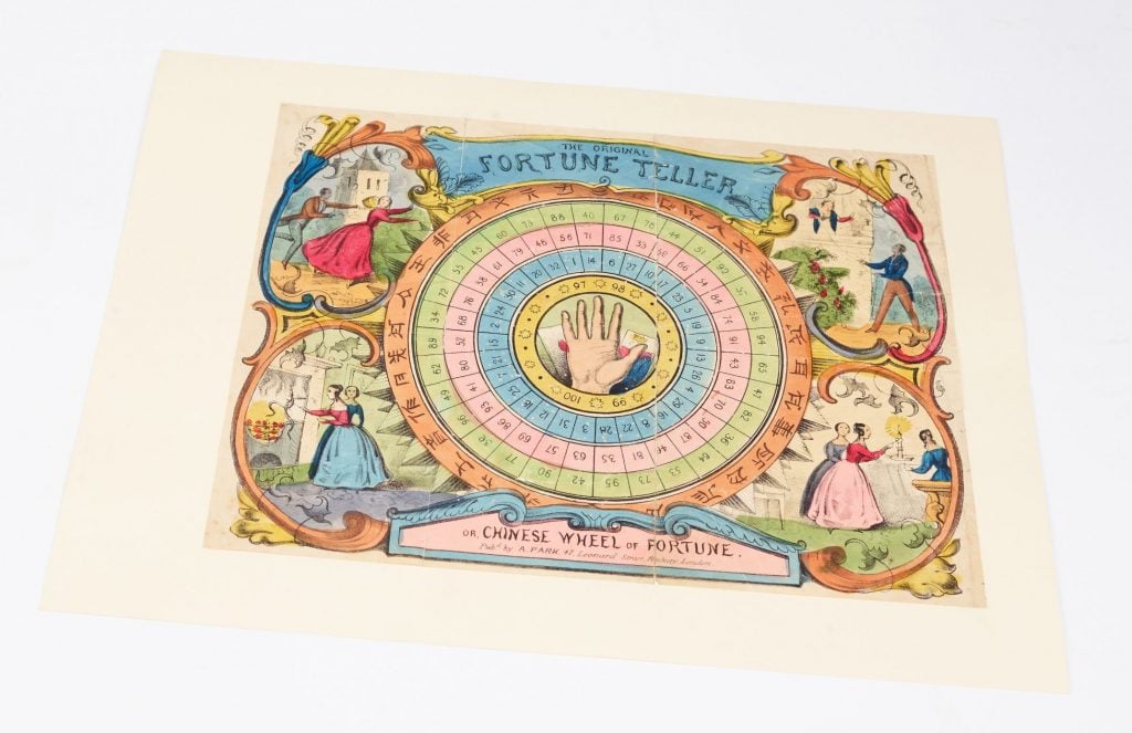 An image that shows a colorful drawing depicting the Chinese wheel of fortune