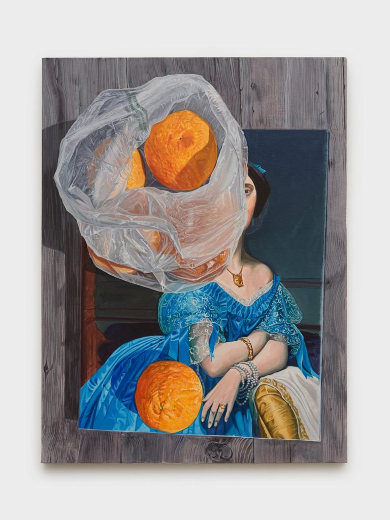 a painting of a bag of oranges on top of a book about French Neoclassical artist Ingres