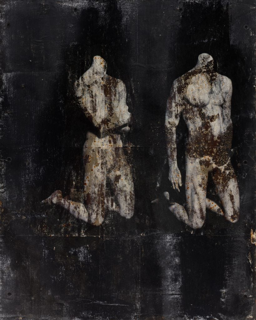 an abstract painting has two headless kneeling figures 