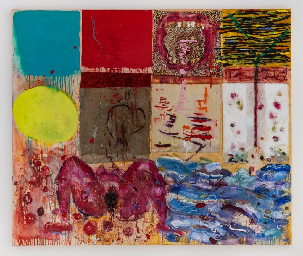 <i>Body & Soul, </i> 1997-1998 Oil, acrylic, fabric, paper mache, glitter, straw, plastic grapes on canvas 167.64 x 198.12 cm (66 x 78 in). Photo Adam Reich. © Joan Snyder. Courtesy Thaddaeus Ropac gallery, London · Paris · Salzburg · Seoul