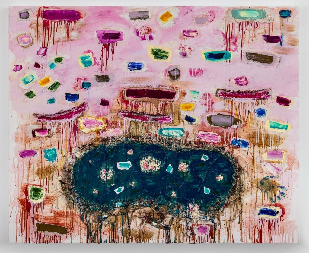 <i>Painting at the Pond</i>, 2024137.16 x 167.64 cm (54 x 66 in). Photo Adam Reich. © Joan Snyder. Courtesy Thaddaeus Ropac gallery, London · Paris · Salzburg · Seoul