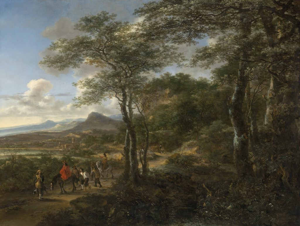 A serene landscape featuring lush trees, distant mountains, and a path winding through the scene. A group of travelers, some on horseback and others on foot, move through the forested trail with a picturesque view of a valley and a village in the background.