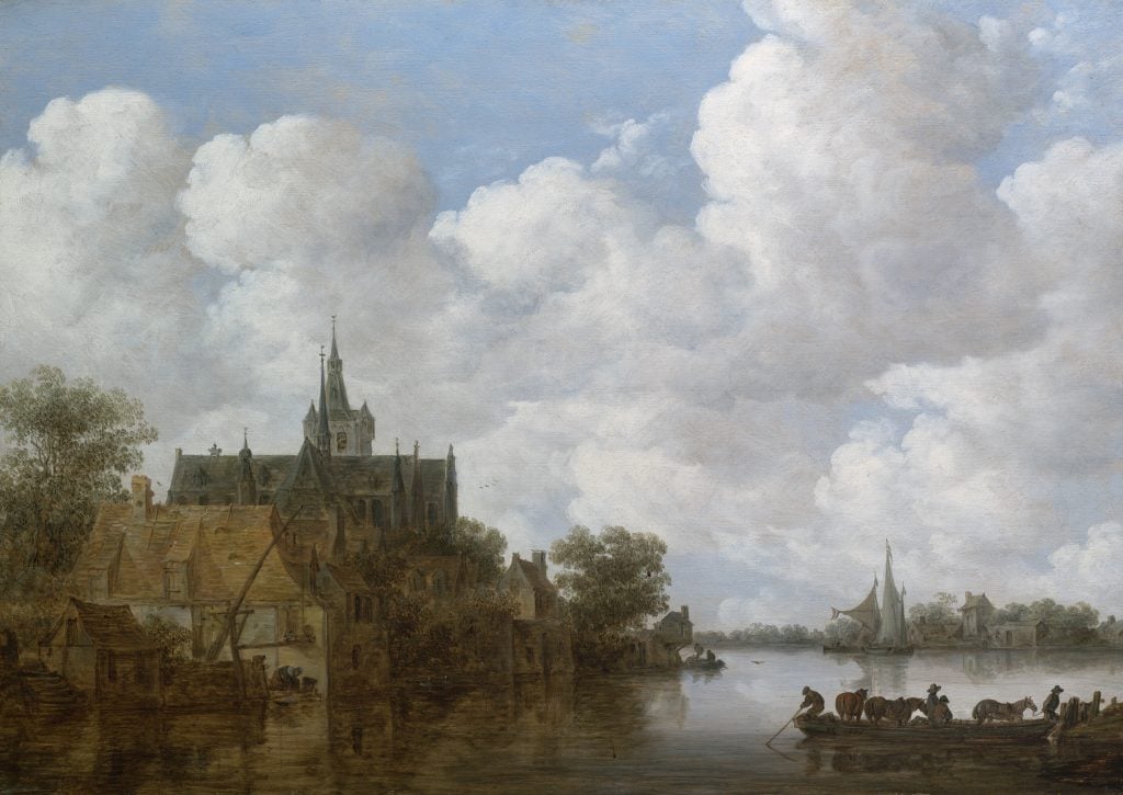 a landscape painting of a river with a ferry in the foreground and a large church in the background