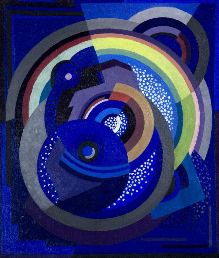 A dark blue painting featuring concentric circles in bursts of multicolor.