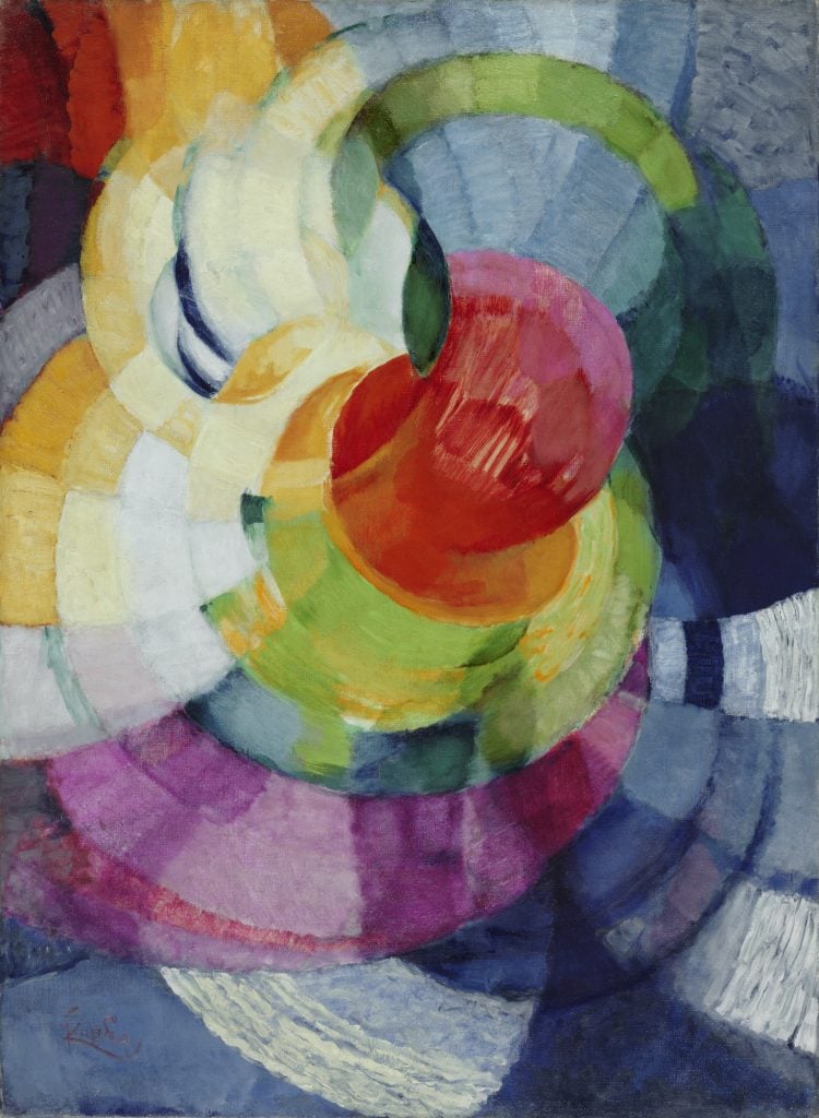 An abstract painting made up of fragmented concentric circles in multicolor.