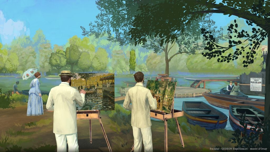 a computer image of two men painting side by side in front of a river