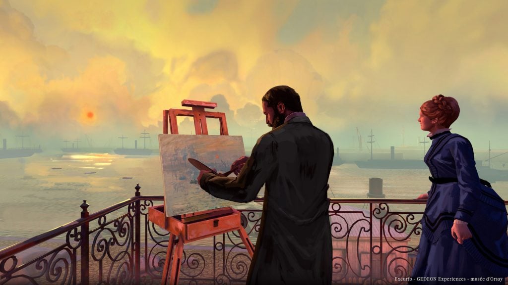 a man stands on a balcony painting the cloudy water scene below