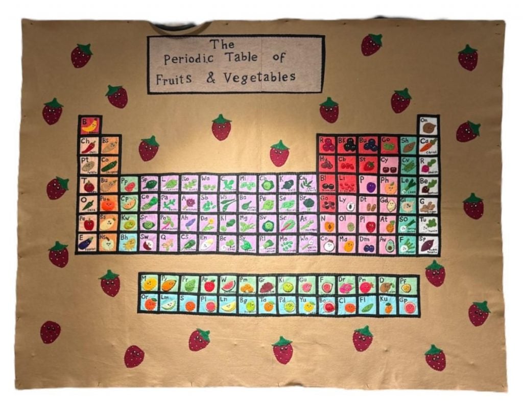 Lucy Sparrow, The Periodic Table of Fruits and Vegetables (2024). A fabric artwork reimagining the periodic table with produce. 