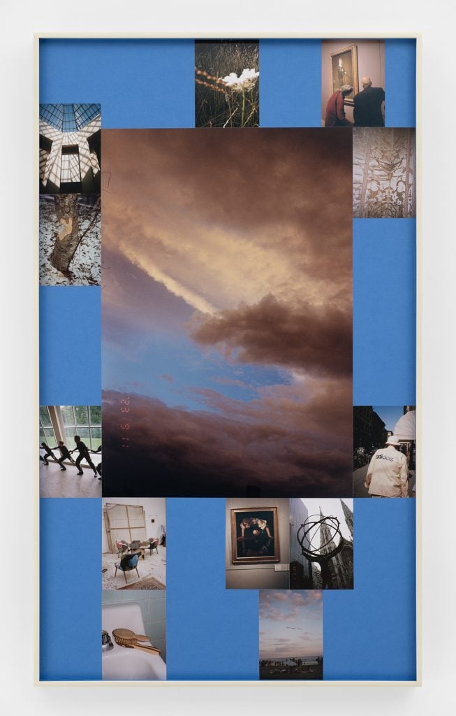 a collage like photographic work has blue squares and is interspersed with snapshots 