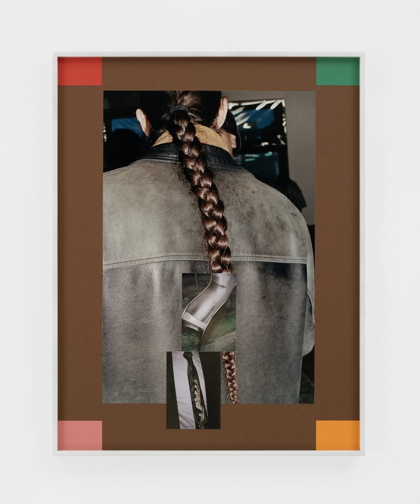 a photo shows a braided ponytail on a jack et and another photo of a tie 