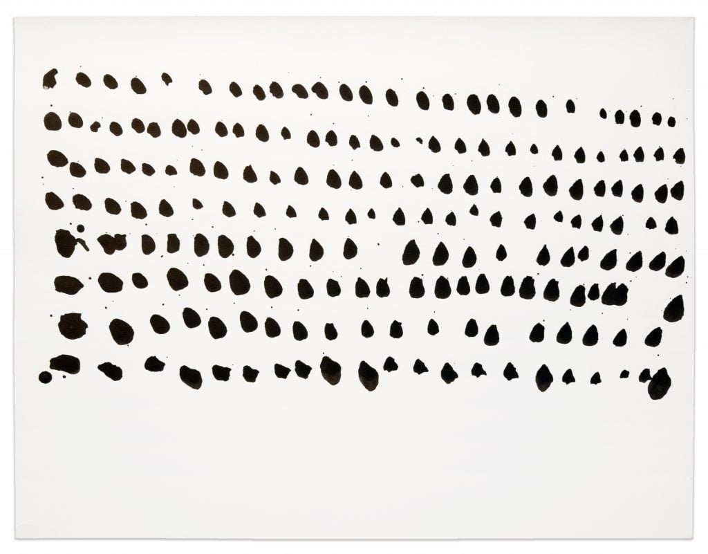 A painting made of many black dots on a white backdrop. 